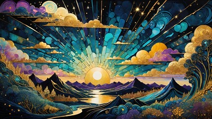 「流れる色彩: 黄金と色の幻想的な融合」








