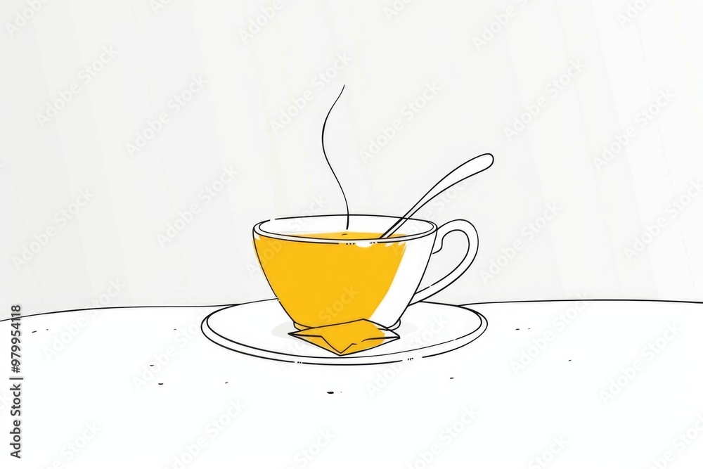 Poster a delicate setting for a warm beverage, featuring a cup and saucer with a spoon resting on top