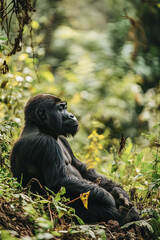 Gorilla sitting peacefully in a forest clearing