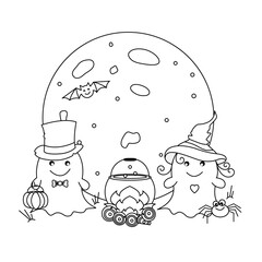 Two ghosts in hats and a spider sit near a fire with a cauldron in which a potion is brewing against a backdrop of a huge moon. Colouring for children on the theme of Halloween in flat technique. 