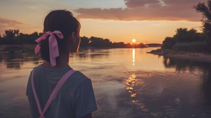 Fototapeta premium Serene Riverbank Sunset with Woman in Pink Ribbon - Peaceful Summer Evening Glow