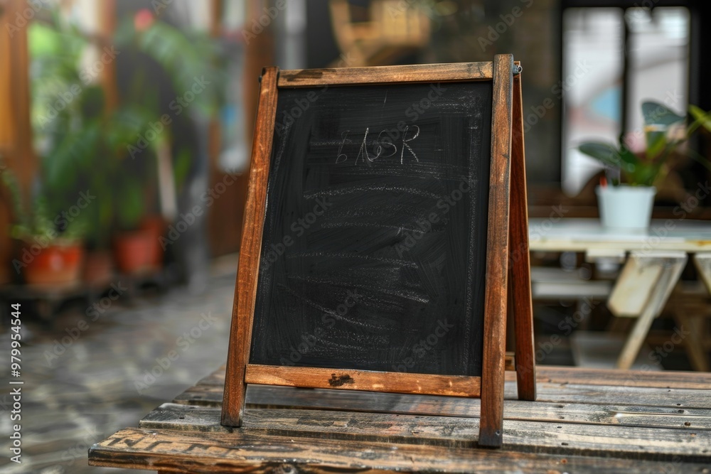 Poster a chalkboard sitting on a wooden table, ideal for writing notes or creating art