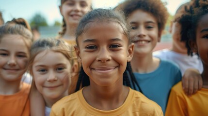 Obraz premium A group of children standing side by side, smiling and happy