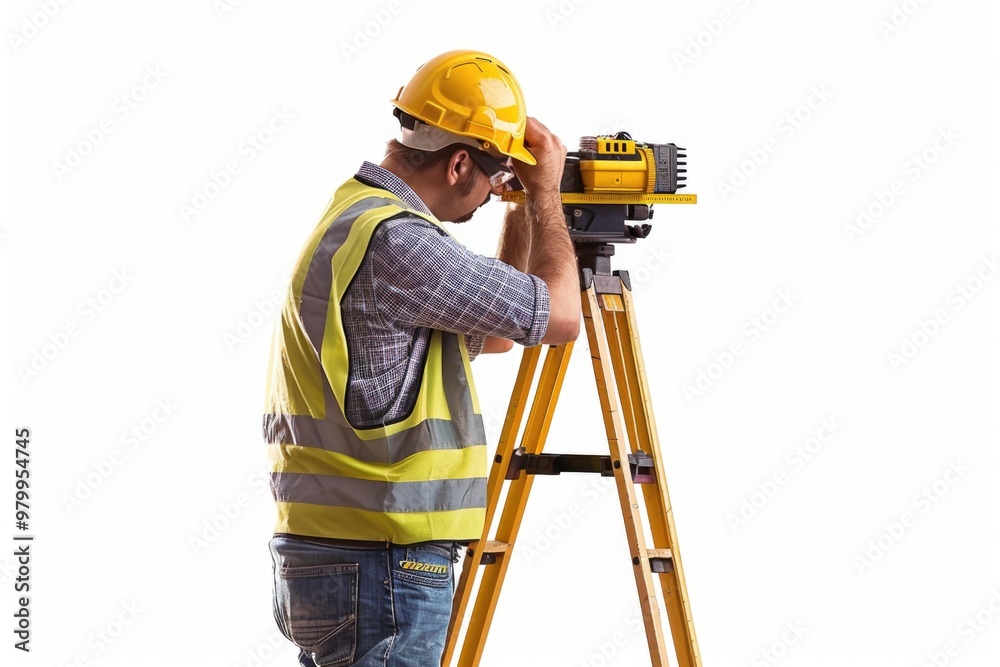 Poster a construction worker uses a tripod to measure the height of a building, with cityscape in the backg