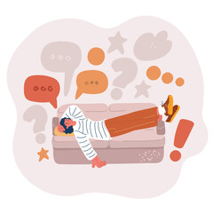 Cartoon vector illustration of a woman lying on a couch with a headache, concept of discomfort and health issues