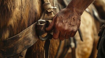 A close-up of a hand fastening a saddle strap on a horse, showcasing the bond between rider and animal in a rustic setting.