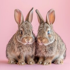 Fototapeta premium Two adorable rabbits curiously posing for the camera against a soft pastel colored wall backdrop