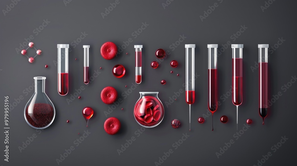 Poster group of test tubes filled with red liquid, suitable for science and laboratory scenes