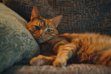 A cat relaxing on a couch with its eyes closed, perfect for a home or pet theme