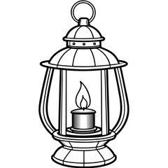 Vintage Lantern with Flickering Candle Outline Vector