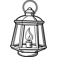 Vintage Lantern with Flickering Candle Outline Vector