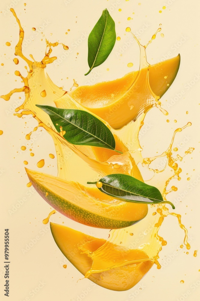 Poster fresh sliced mango with green leaves and a splash of orange juice on the side
