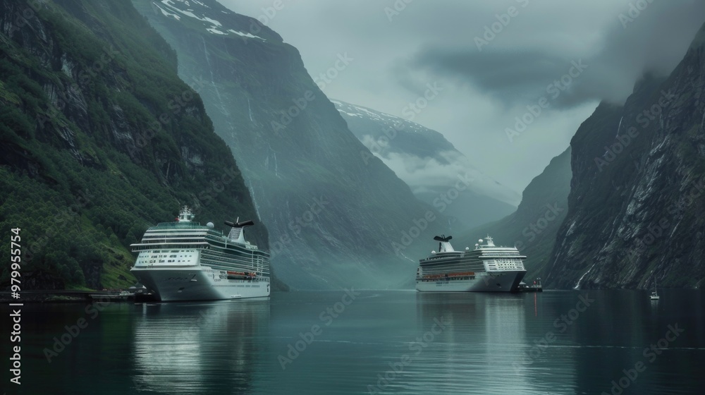 Poster two cruise ships sailing at sea with distant mountains visible in the background