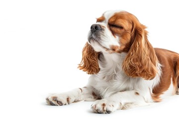 A brown and white dog is lying down on a white surface