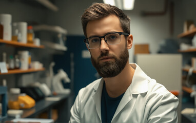 Fototapeta premium Male doctor laboratory assistant in a white coat in a chemical laboratory against the background of shelves with chemical reagents.