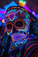 Naklejka premium Neon Sugar Skull Mask at Night Parade - Day of the Dead Celebration Under Blacklight