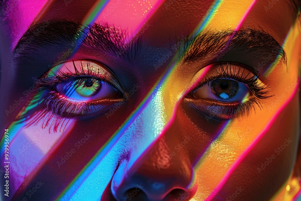 Poster a person's face with a colorful rainbow light shining on their features, ideal for use in promotiona