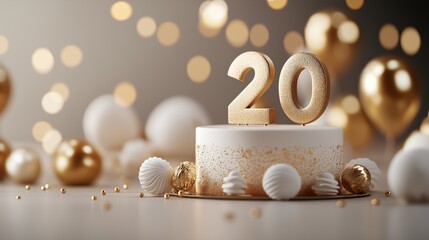 Golden number 20 on white cake with balloons and confetti in background. Celebration event decoration.