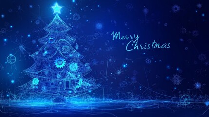 Blueprint sketch of a Christmas tree with gears and holiday cabin design conveying festive greetings in drafting style