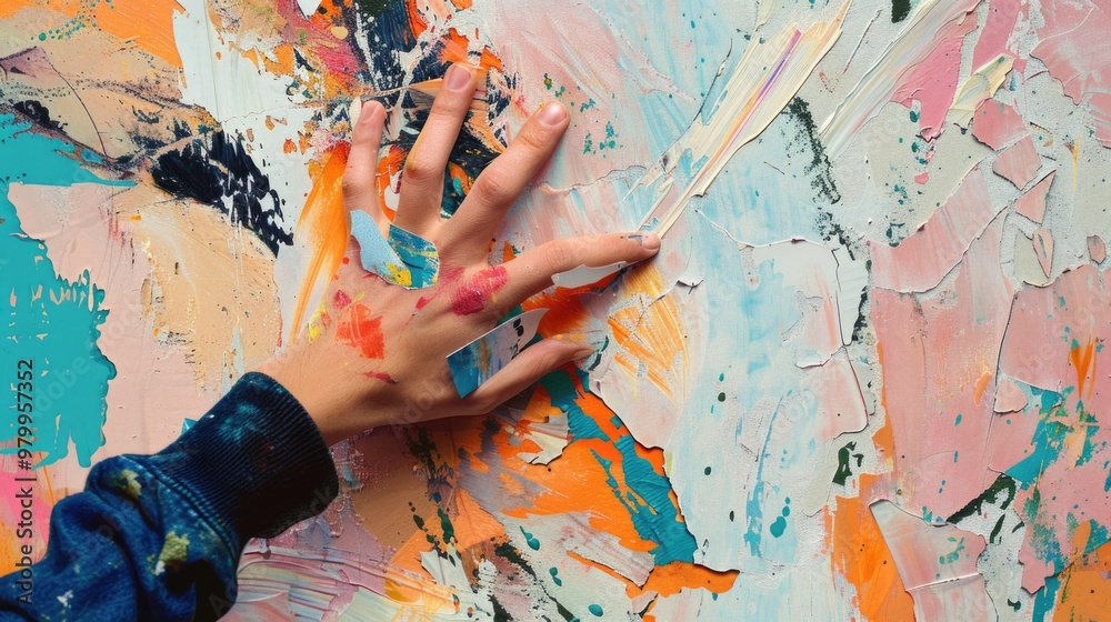 Aufkleber a person's hand with paint brush and color on a large canvas, ready to create art