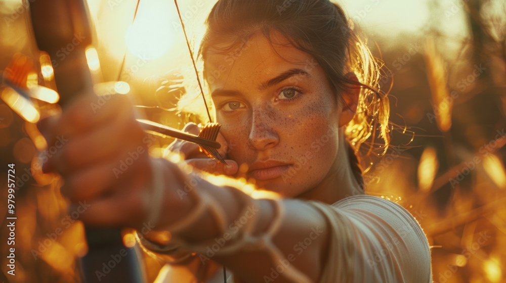 Poster a woman holds a bow and arrow in a field, ready for hunting or target practice