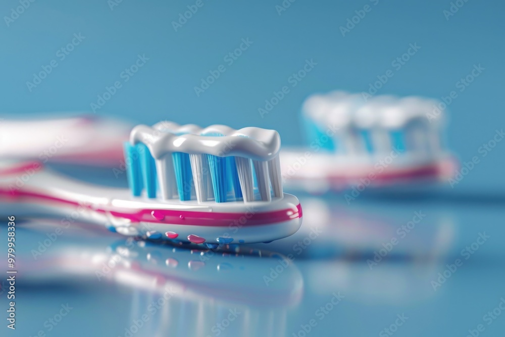 Poster two toothbrushes sit on a table, ready for use