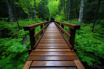 Fototapeta premium A wooden bridge in the middle of a forest, where shadowy figures lurk beneath its beams