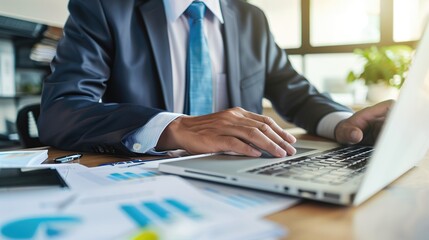 Close-up of a financial advisor reviewing a client's wealth management plan on a laptop