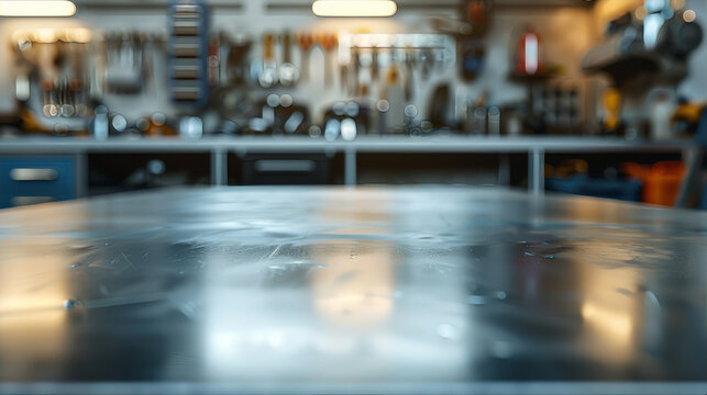 Blur mechanic workshop metal tabletop, countertop with tools, automotive store. 