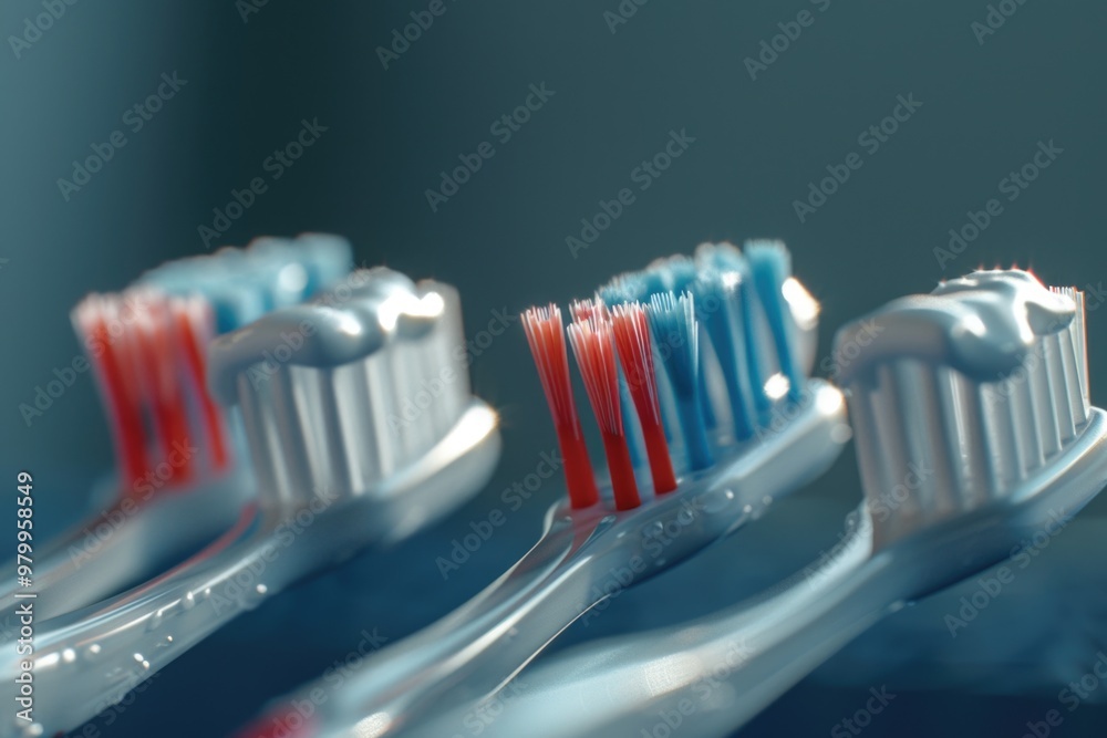 Aufkleber three toothbrushes aligned side by side, ready for use