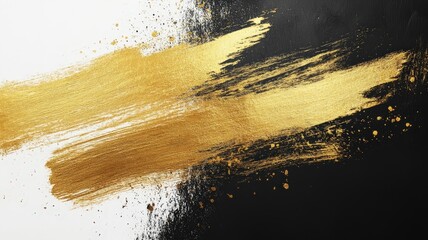 Bold gold brush strokes create an artistic contrast against a black and white background in a modern style