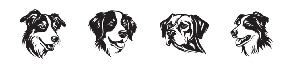 Fototapeta premium Set of four black and white dog head Silhouette illustrations isolated on a white background. Concept of dog portraits, pets, canine art, dog breeds. Print, icon, design elements
