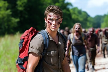 A zombie apocalypse film, where survivors must band together to fight off hordes of the undead while searching for safety
