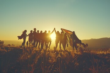 People gathered at the summit of a green hill, perfect for outdoor activities or scenic views