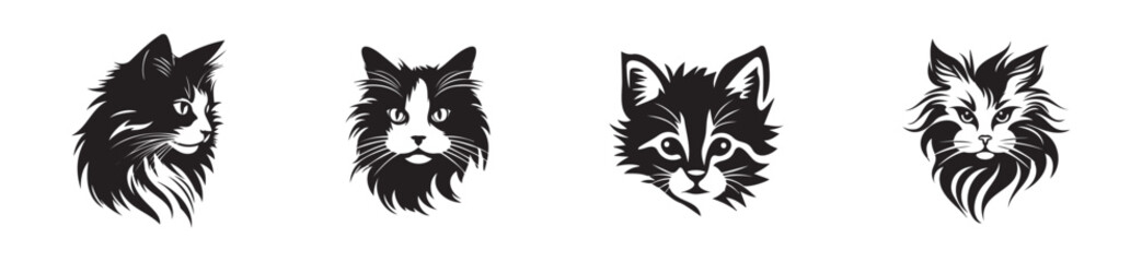 Obraz premium Black Silhouettes of Cat Heads Isolated on a White Background. Concept of Pet Illustration, Domestic Animal, Minimalist Style, Cute Kittens. Print, Icon, Design Elements