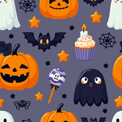 Fototapeta premium Halloween seamless pattern with scary characters. Vector illustration with ghosts, pumpkins, spider and lollipop.