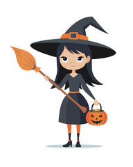 A cute witch with a pumpkin basket and a broom. Vector illustration isolated on a white background.