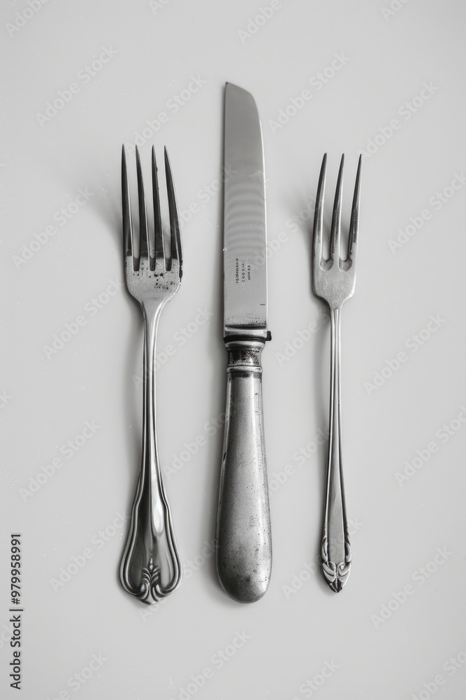 Poster a set of utensils including a knife, fork, and spoon placed on a table