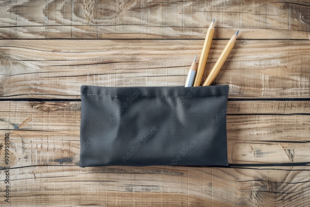 Poster a simple pencil case containing two pencils on a wooden surface, suitable for educational or office 