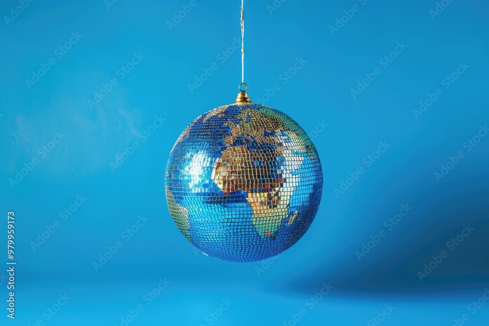 Wall mural A globe suspended from a string against a bright blue background, perfect for education and travel-themed designs