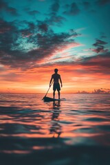 A man doing paddleboarding in water at sunset with colorful dusk sky