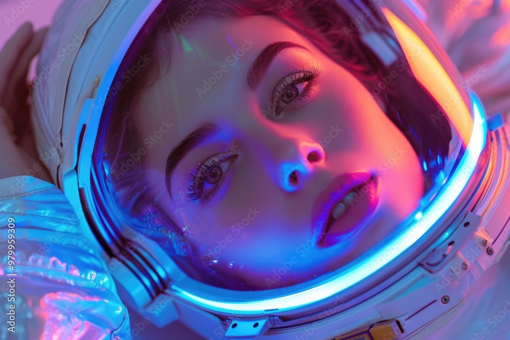 Poster close-up view of a person wearing a space suit, suitable for use in astronaut-related or sci-fi illu