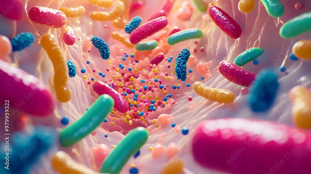 Poster Bacteria and microorganisms of various shapes and colors populate a vibrant human gut, showcasing the intricate and dynamic ecosystem. This microscopic view highlights the diversity of life inside.