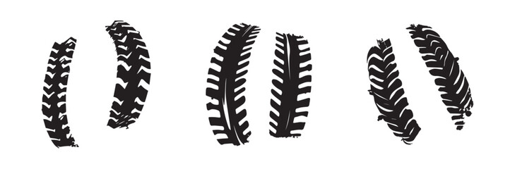 Set of tire tracks isolated on a white background. Concept of tire patterns, automobile tracks, vehicle footprint, tire tread designs. Print, icon, design elements