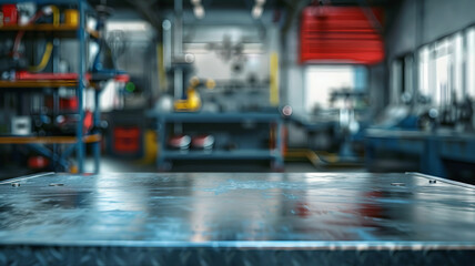 Blur mechanic workshop metal tabletop, countertop with tools, automotive store. 