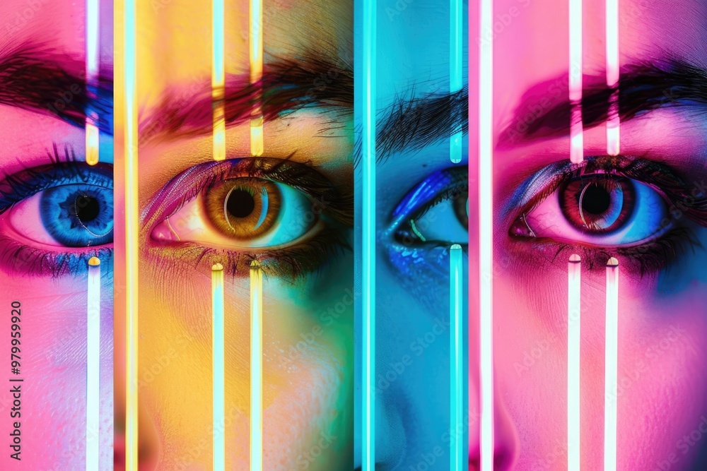 Poster Close-up shot of a person's eyes with vibrant neon lights in the background, great for use in futuristic or sci-fi concepts