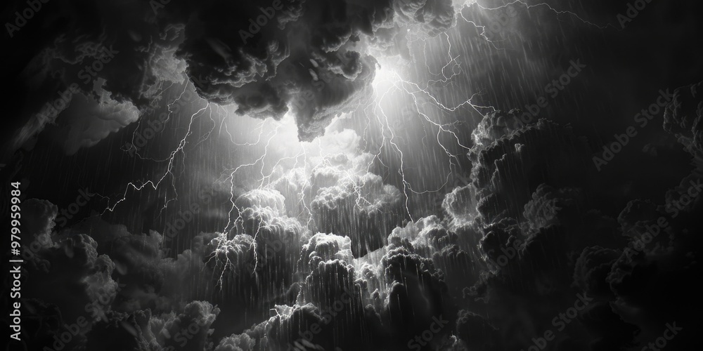 Wall mural a black and white photo of a dramatic lightning storm, ideal for use in news or weather reports