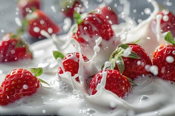 A close-up shot of fresh strawberries served with a dollop of milk