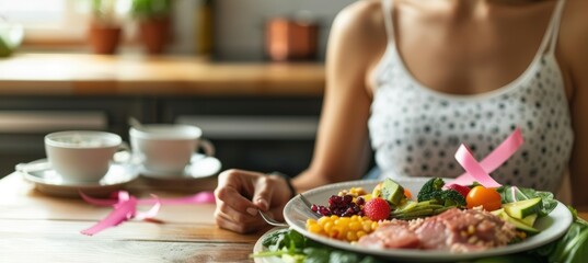 Woman Enjoying Healthy Breakfast with Fresh Fruits and Vegetables Highlighting Breast Health Awareness