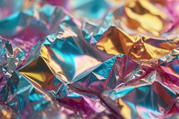 3D render holographic chrome Y2K element. Liquid metal, shiny piece of shiny, colorful foil with a rainbow pattern. The foil is crumpled and has a shiny, reflective surface